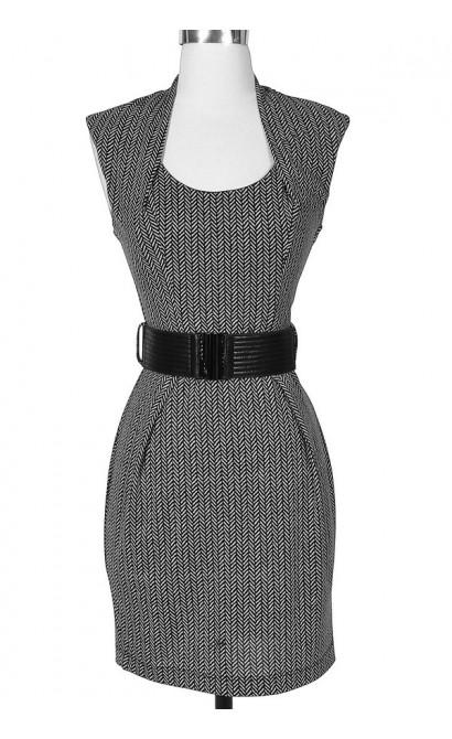 Christina Herringbone Printed Dress with Belt